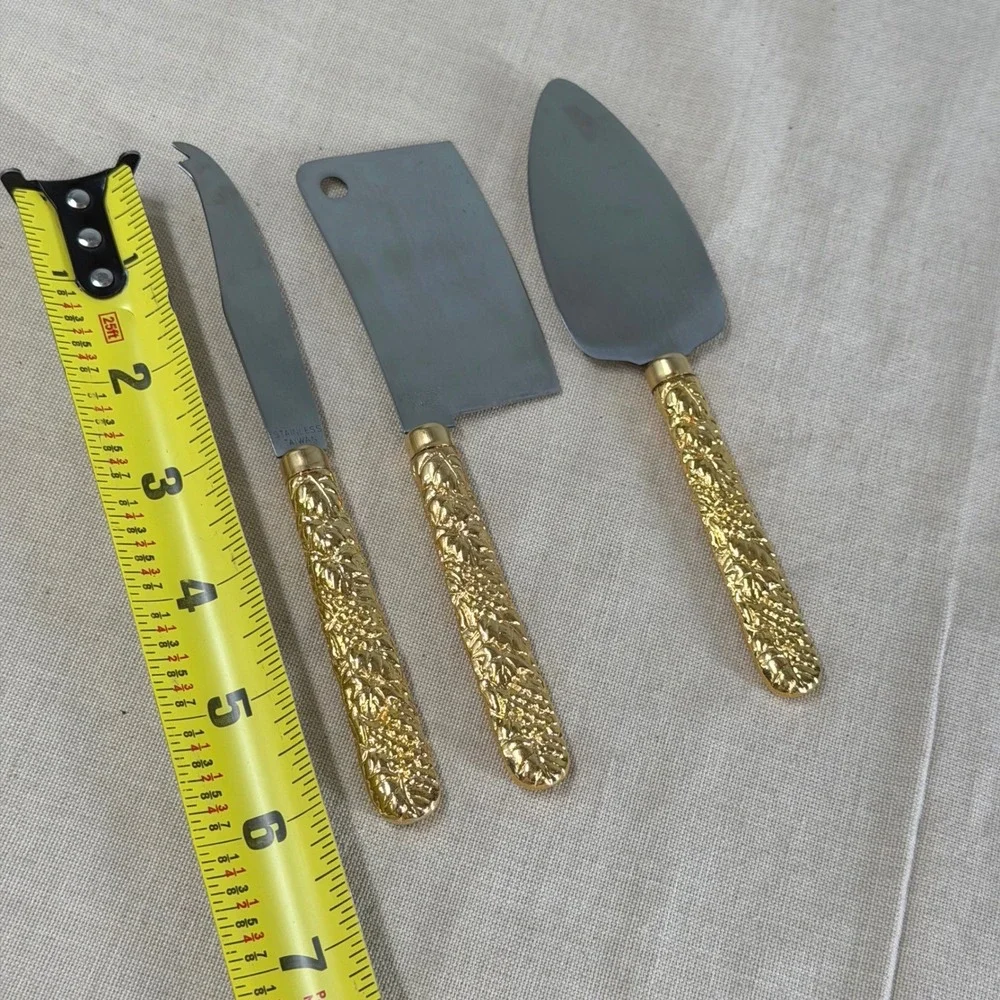 Vintage 3pc Cheese Knife Set Gold Grape Vine Handles Stainless Steel Taiwan